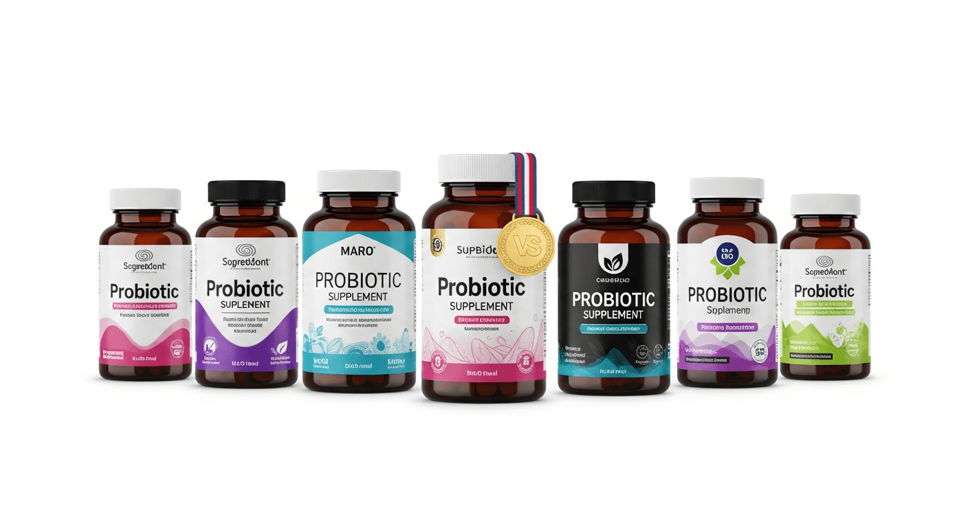 Six vaginal probiotic supplement bottles ranked side by side for our 2026 comparison