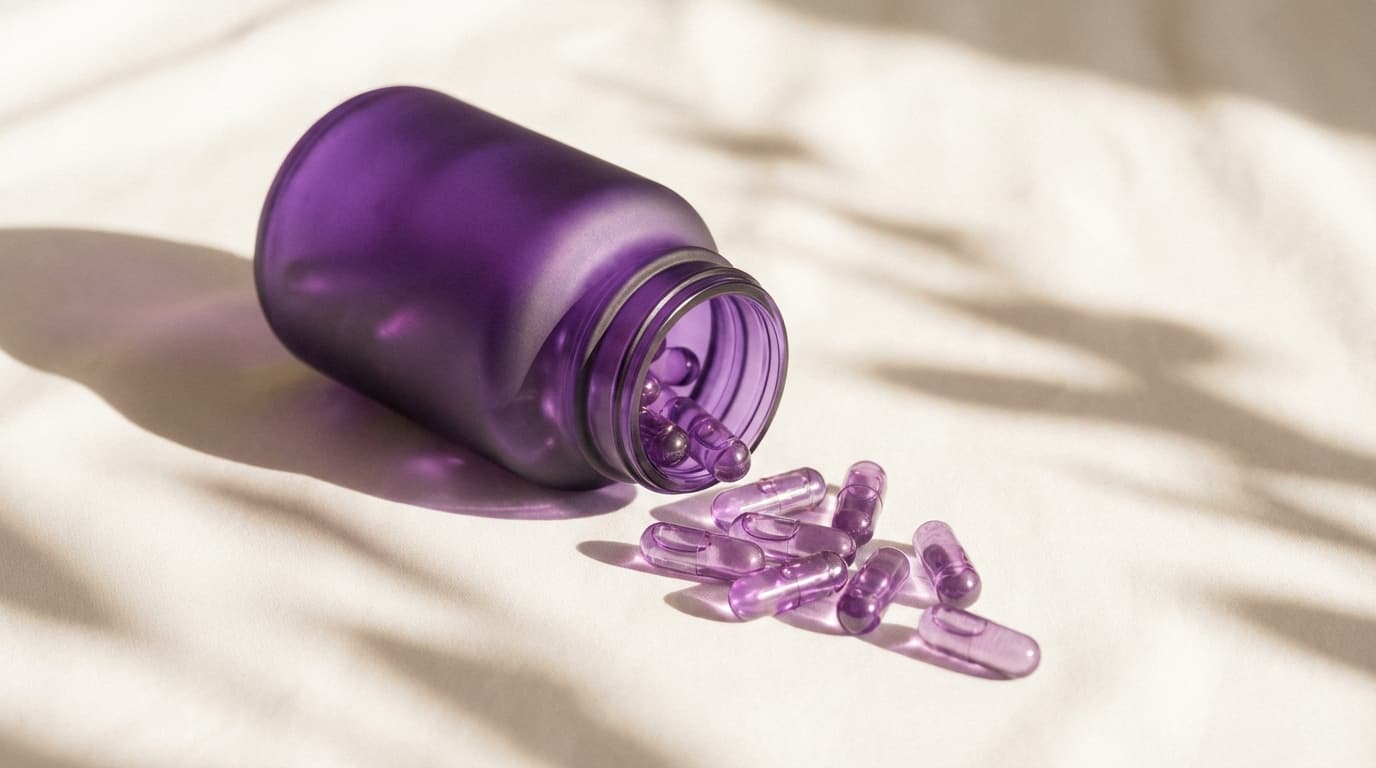 Happy V Prebiotic + Probiotic capsule supplement bottle on white editorial background