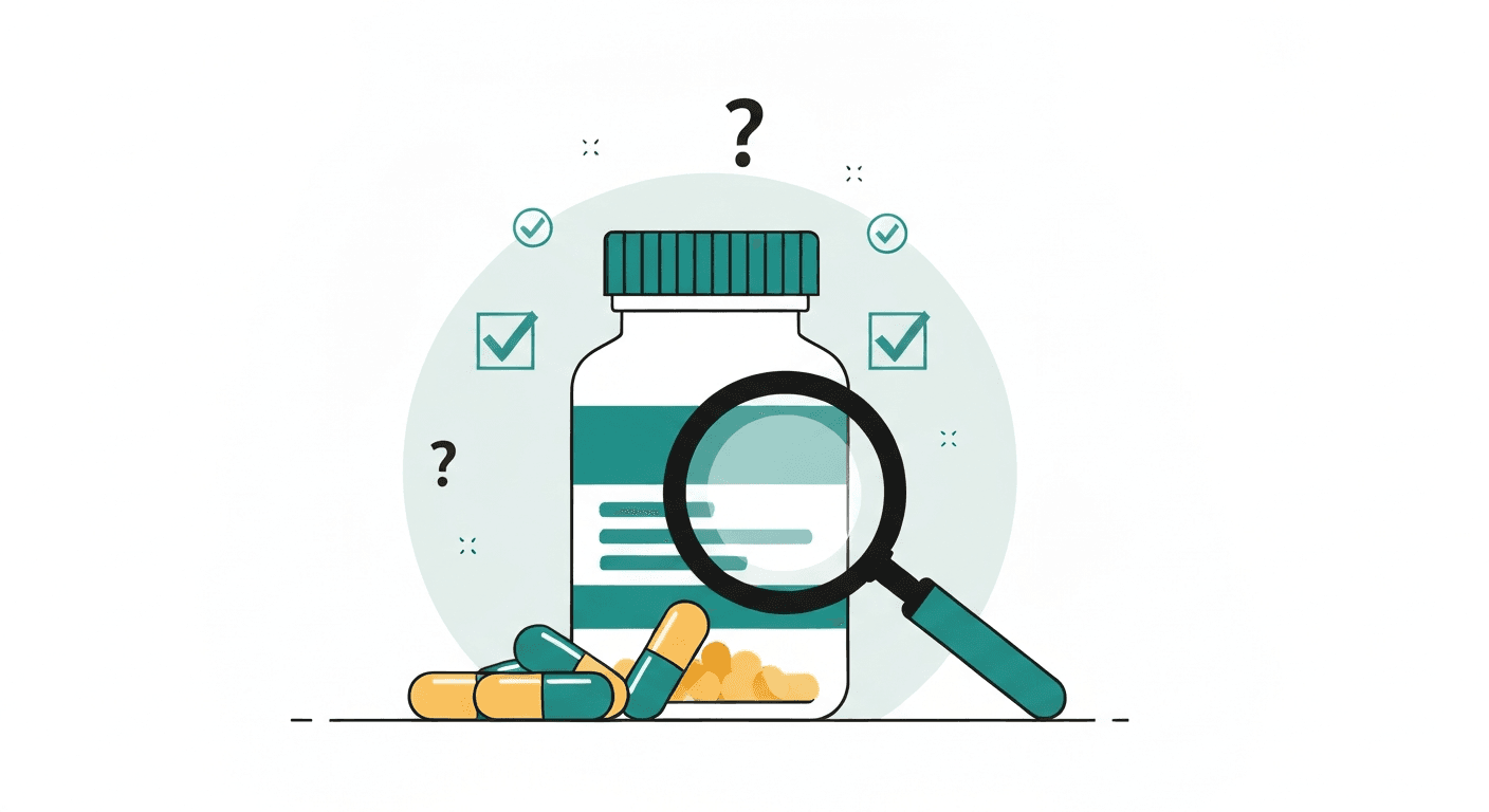 Magnifying glass examining a supplement bottle with checkmarks and question marks, investigative health journalism aesthetic