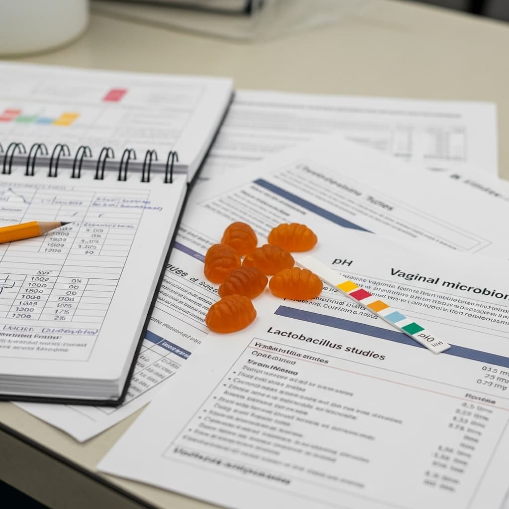 Nuora Feminine Balance Gummies review: probiotic gummies on lab bench with research papers and pH test strips