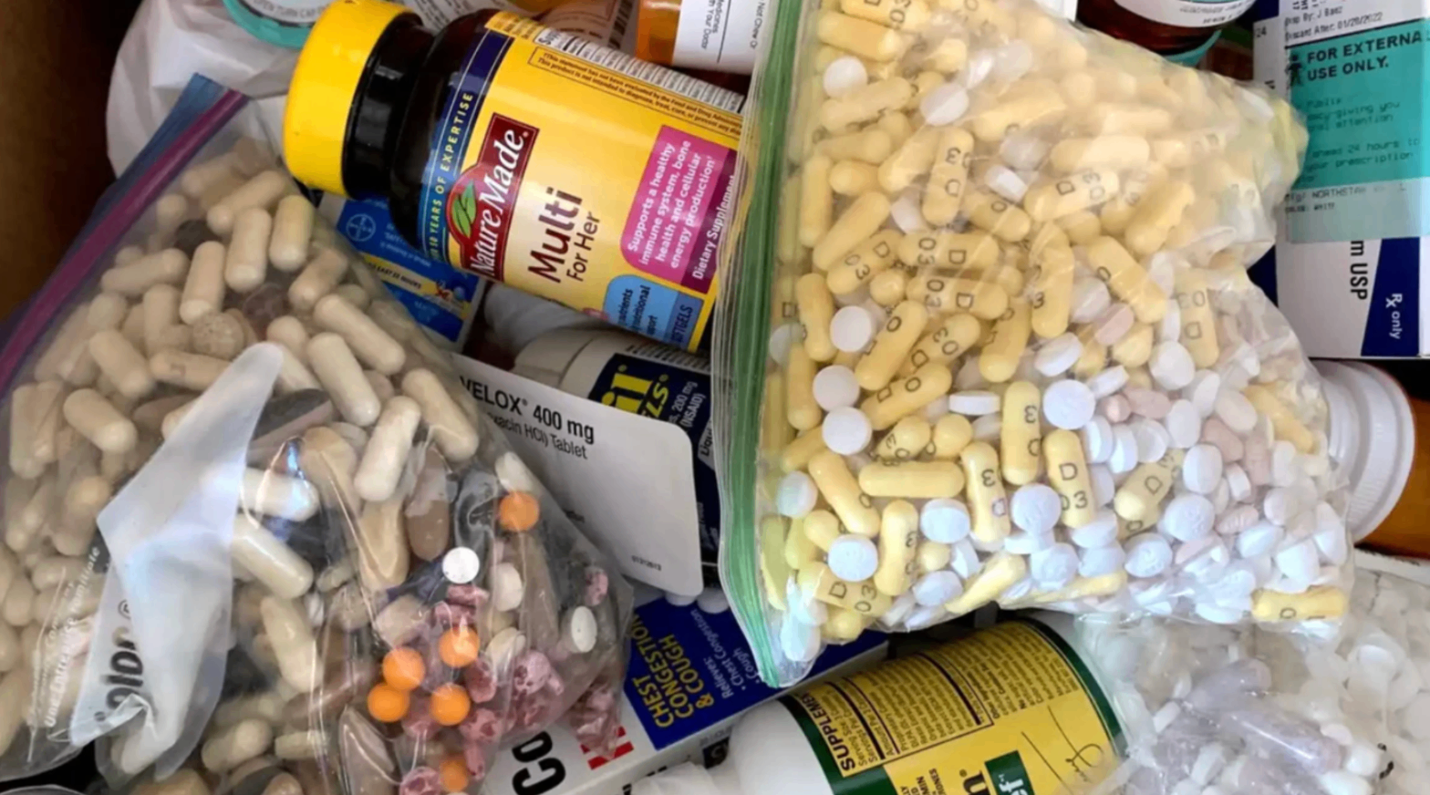 Collage of various medications and supplements in bottles and bags