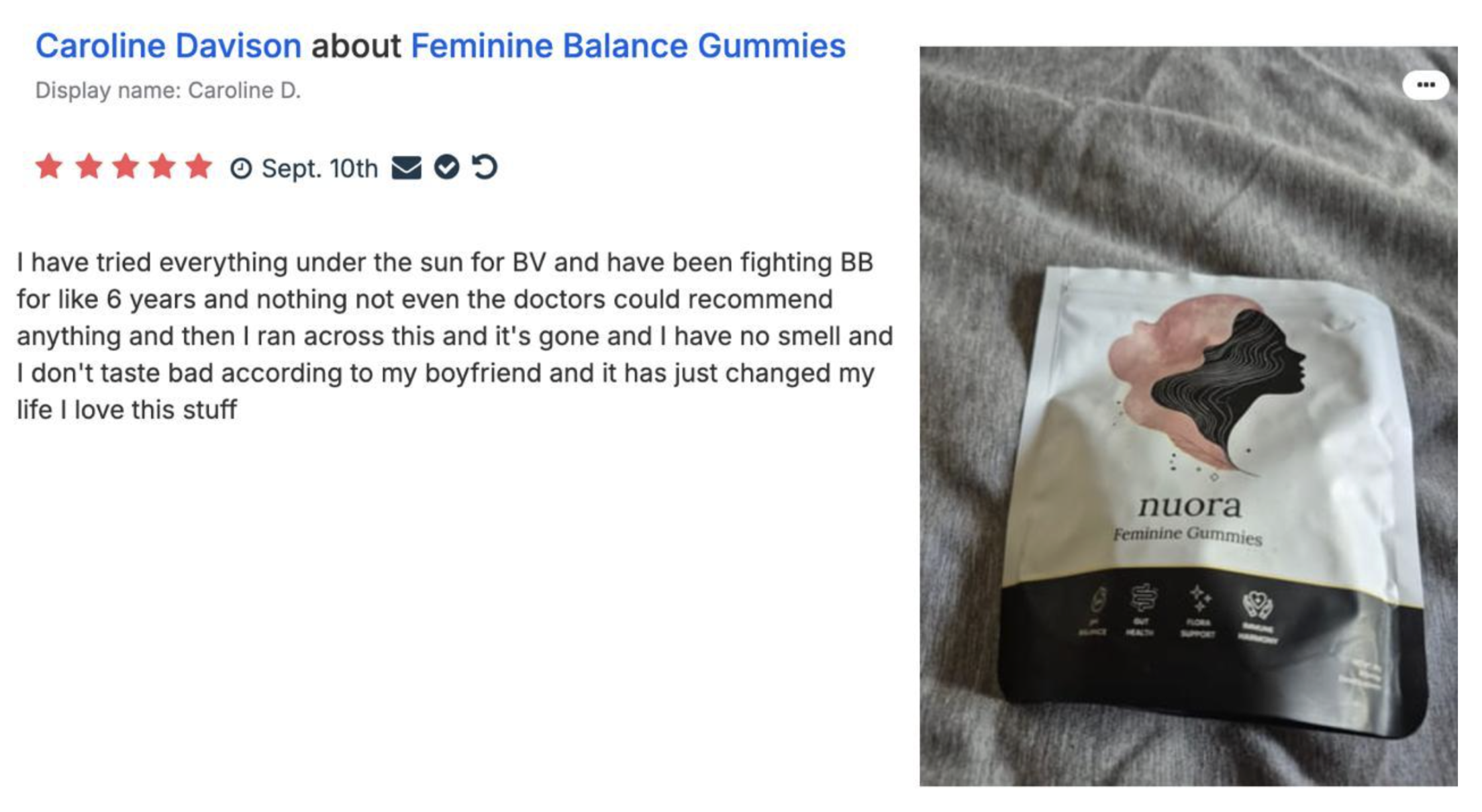 Customer review of Nuora Feminine Balance Gummies showing 5-star rating