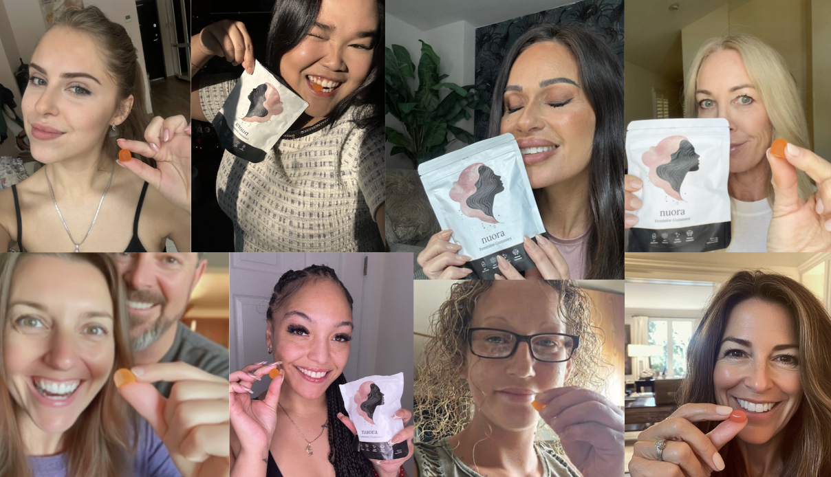 Collage of women holding Nuora product packages and gummies