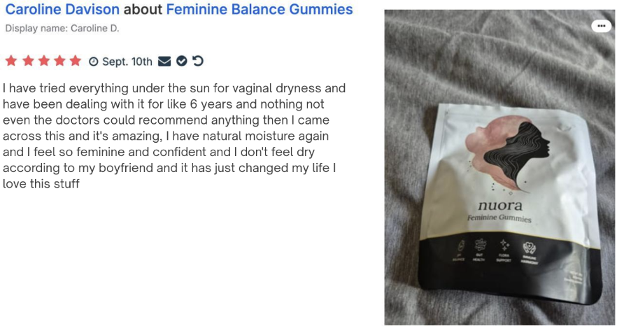 Customer review of Nuora Feminine Balance Gummies showing 5-star rating
